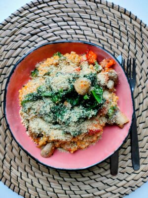 Suggestie van de week: Parelcouscous met pompoencrème, champignons en boerenkool