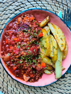 Biet bourguignon met geroosterde aardappelen